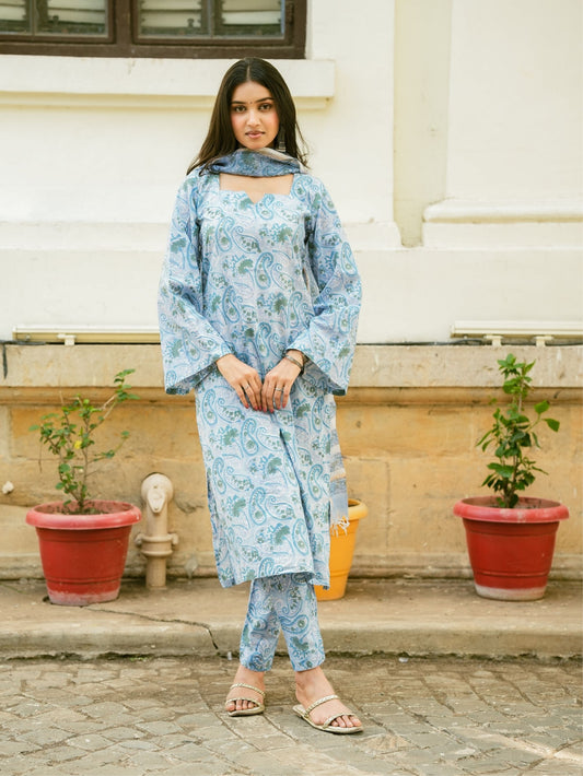Zyra Blue Handblock Cotton Kurta Pant Set with Kota Doria Dupatta