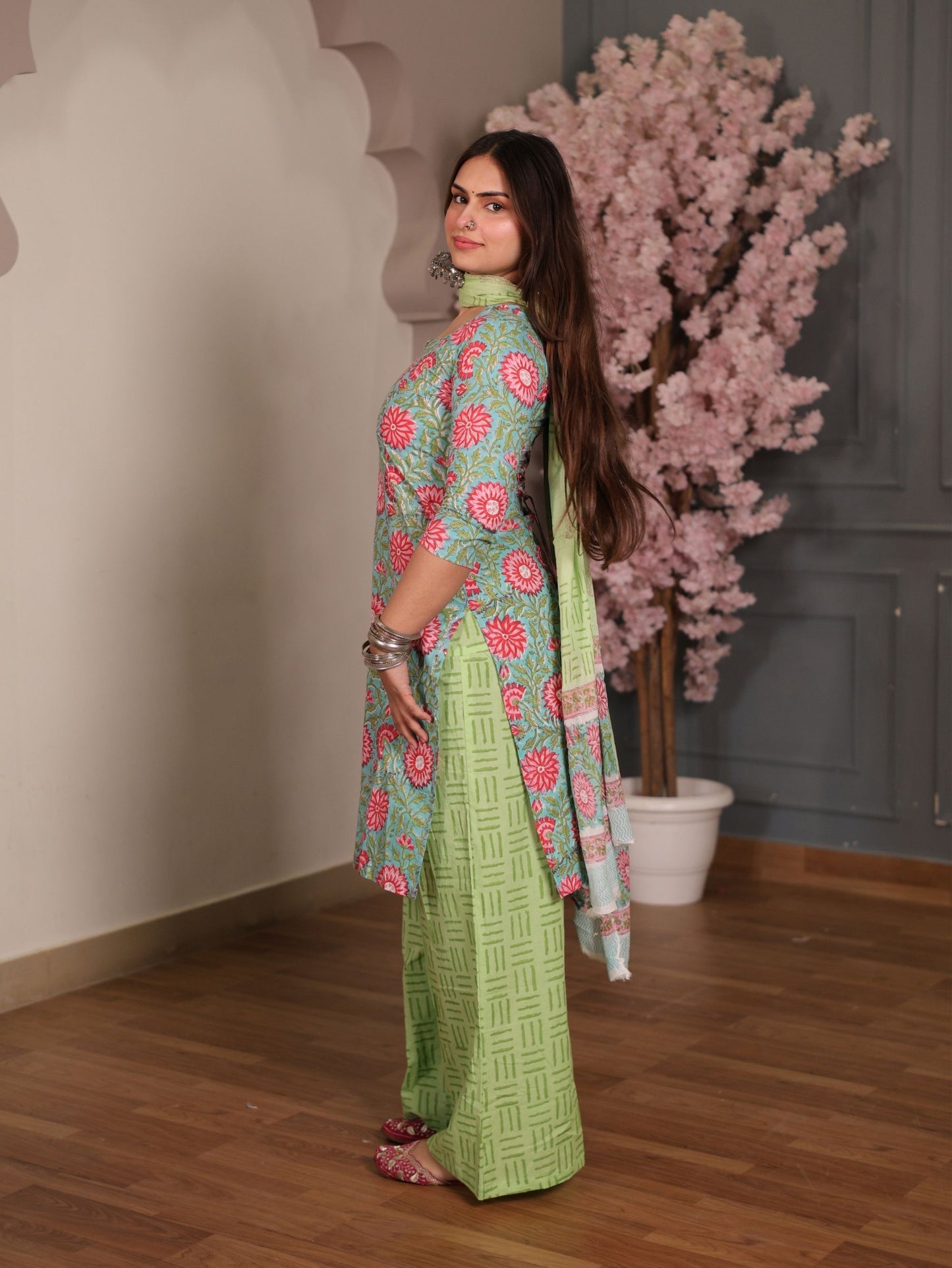 Sargam Green Pink Cotton Suit Set with Palazzo and Cotton Dupatta
