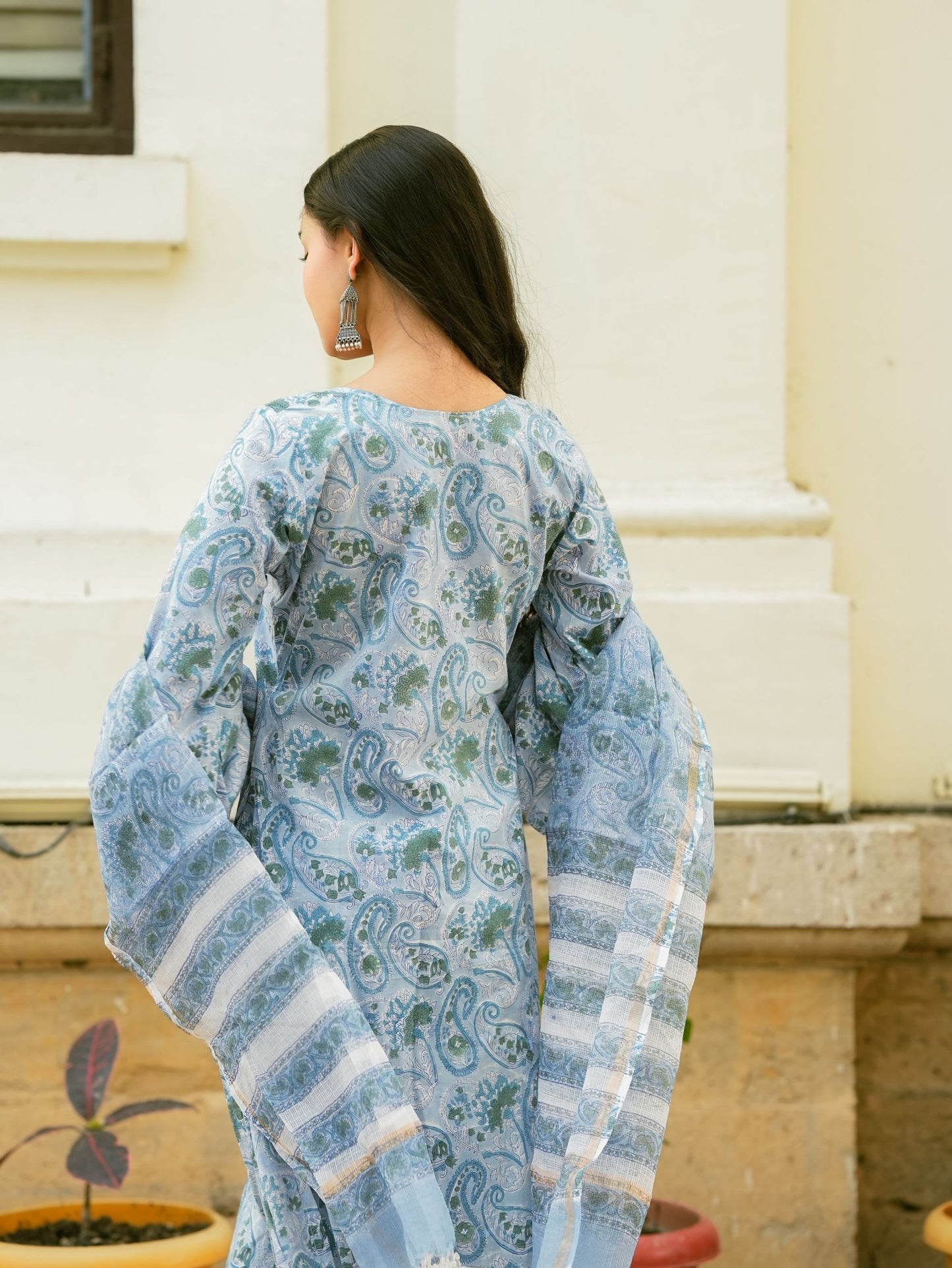 Zyra Blue Handblock Cotton Kurta Pant Set with Kota Doria Dupatta