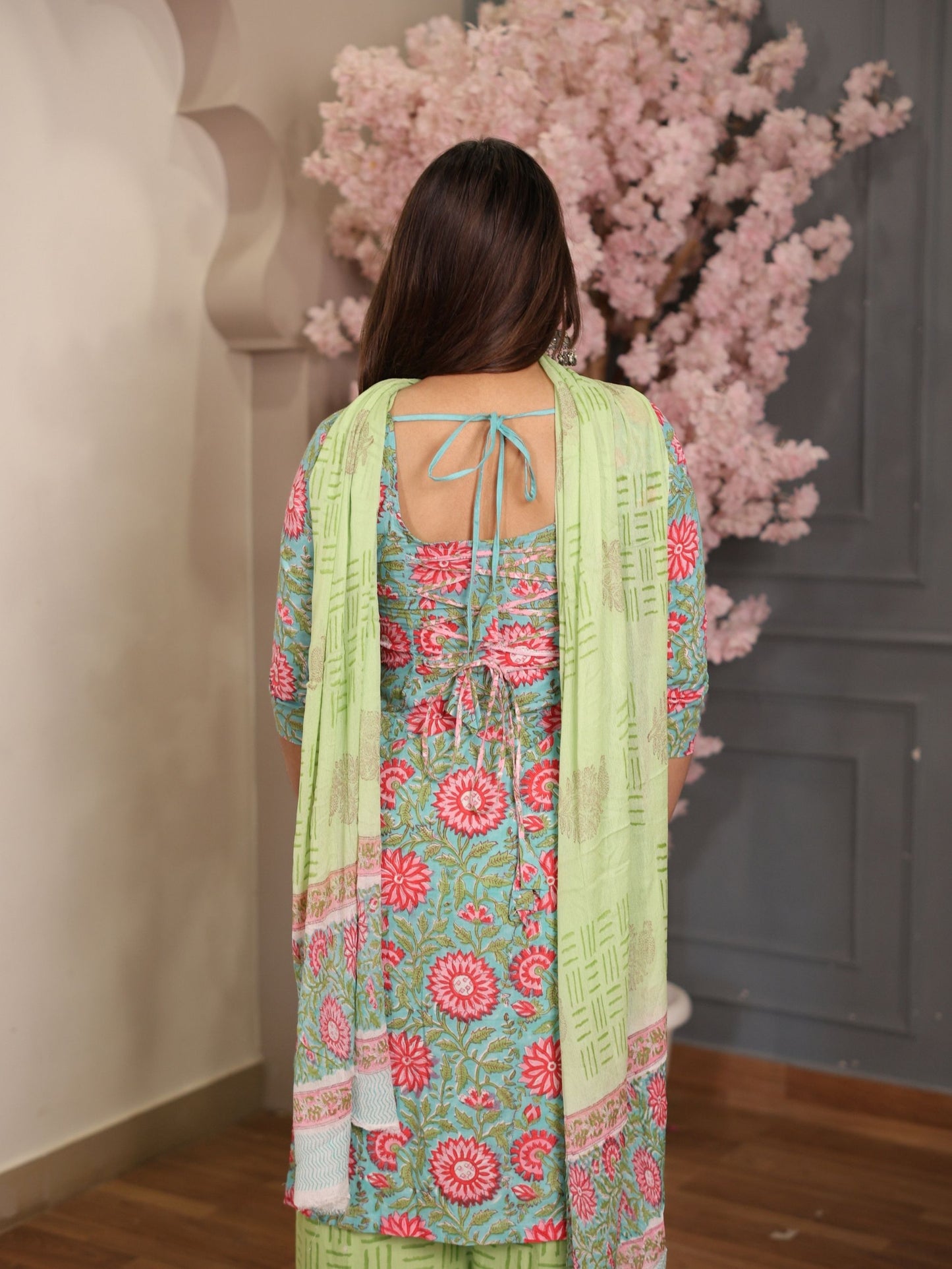 Sargam Green Pink Cotton Suit Set with Palazzo and Cotton Dupatta