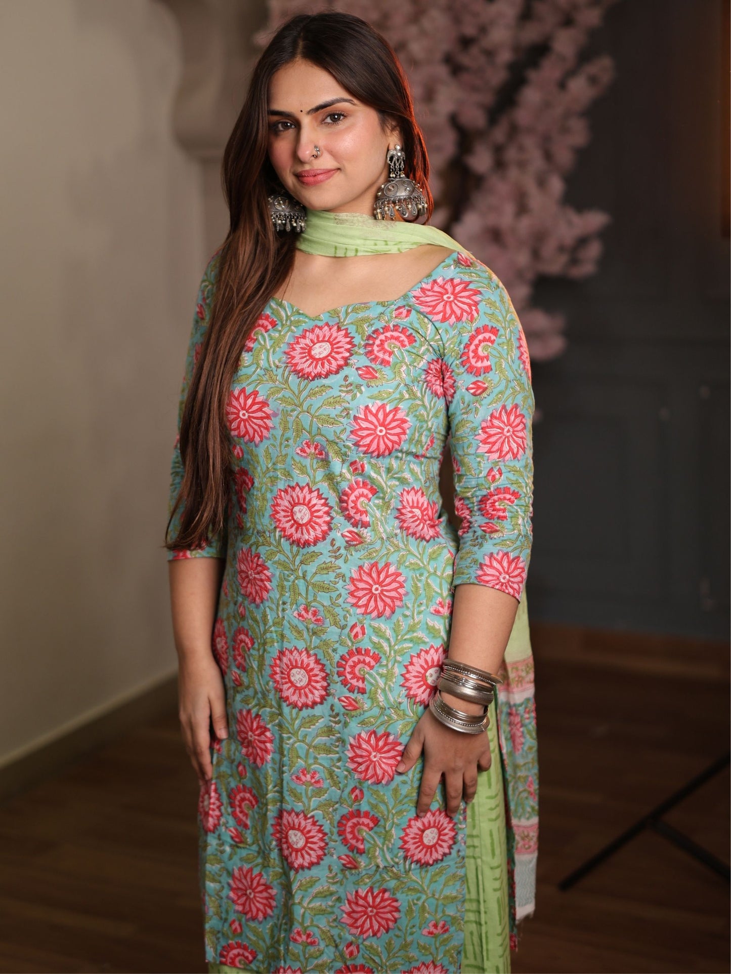 Sargam Green Pink Cotton Suit Set with Palazzo and Cotton Dupatta