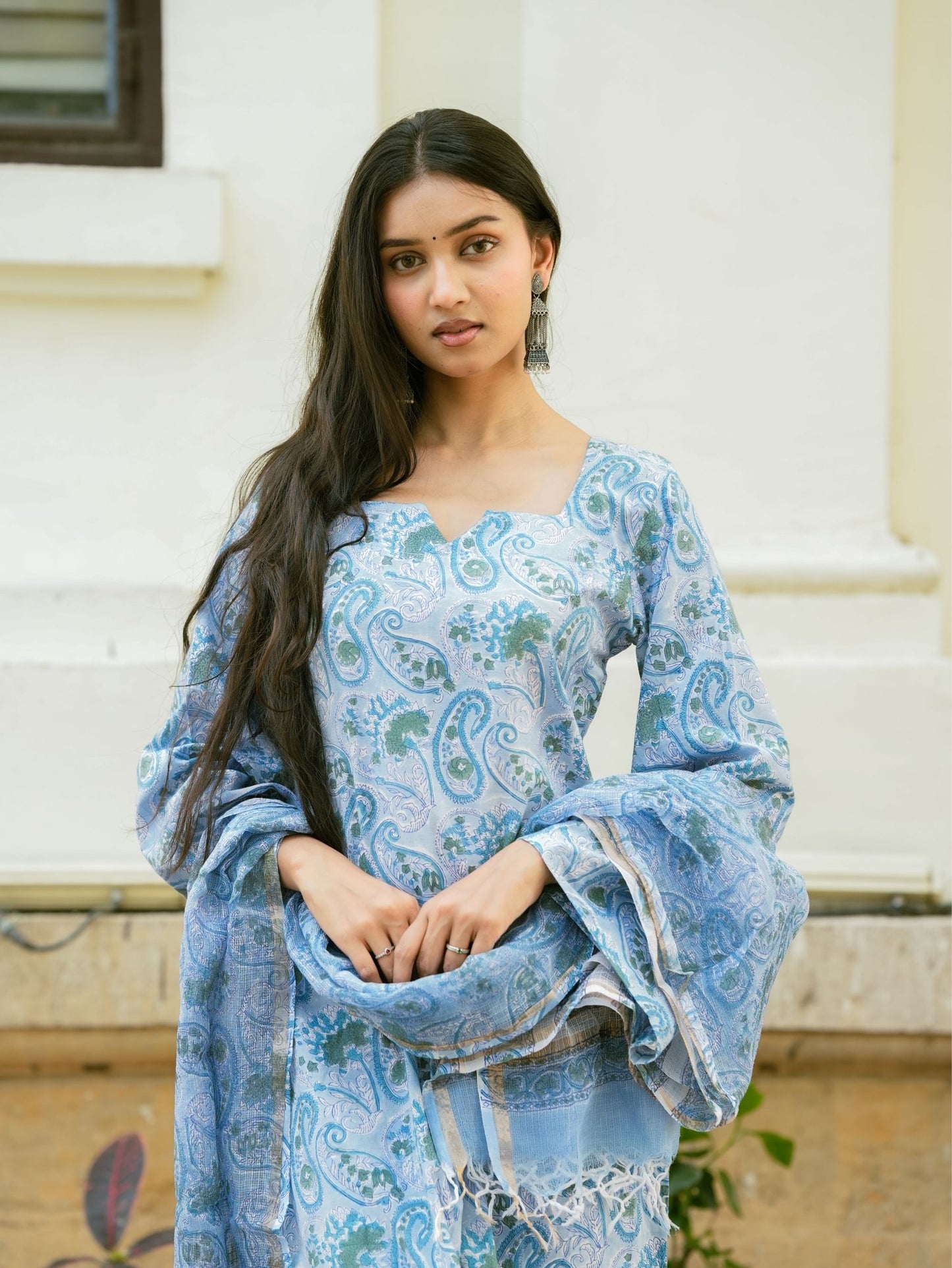 Zyra Blue Handblock Cotton Kurta Pant Set with Kota Doria Dupatta