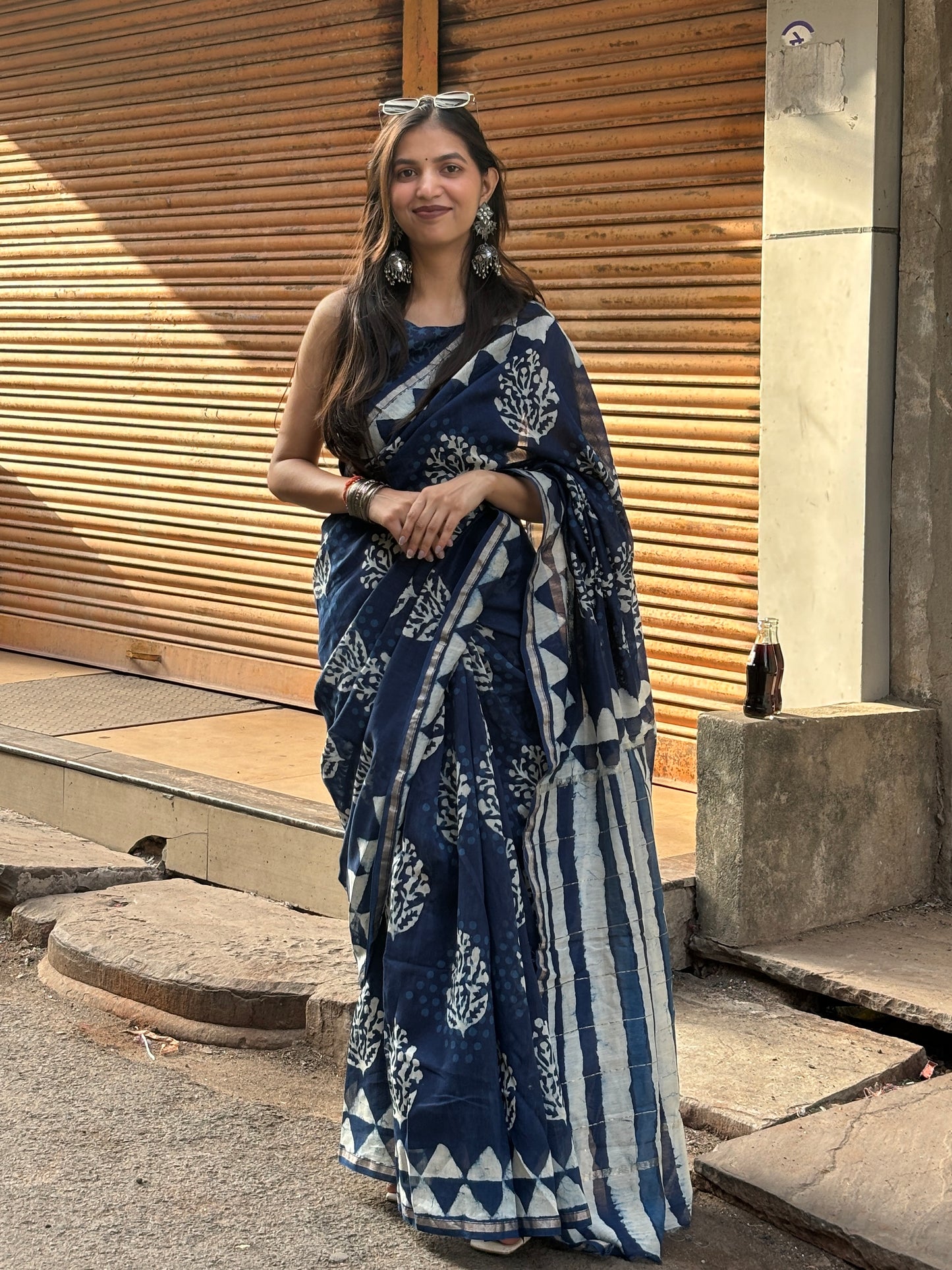 Indigo blue chanderi handblock saree