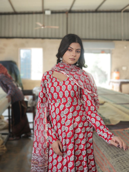 Rudra Handblock Printed 3-Piece Anarkali Set
