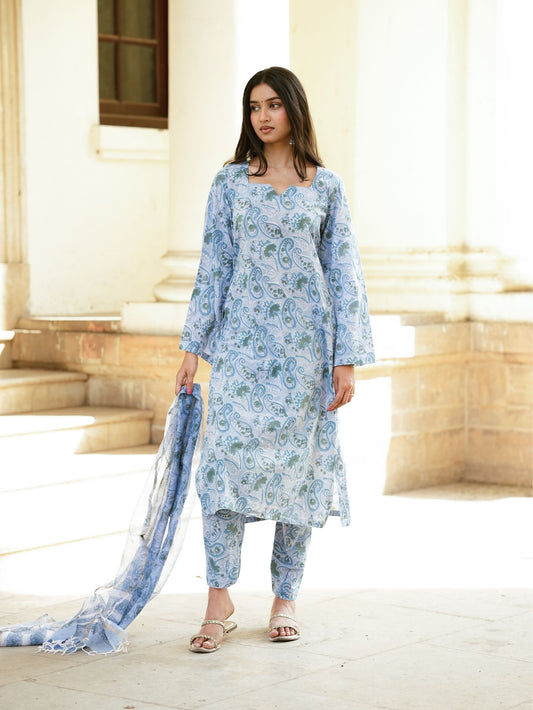 Zyra Blue Handblock Cotton Kurta Pant Set with Kota Doria Dupatta