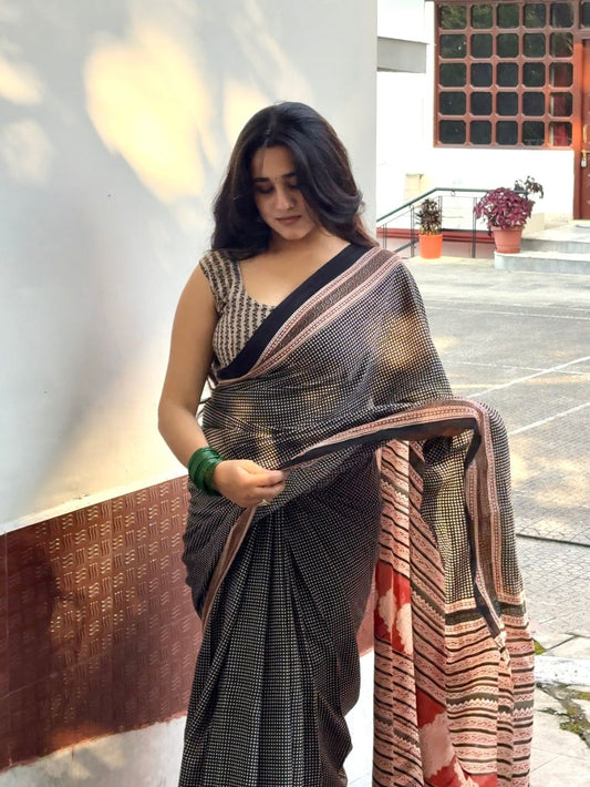 Charvi Ebony Block Print Cotton Saree