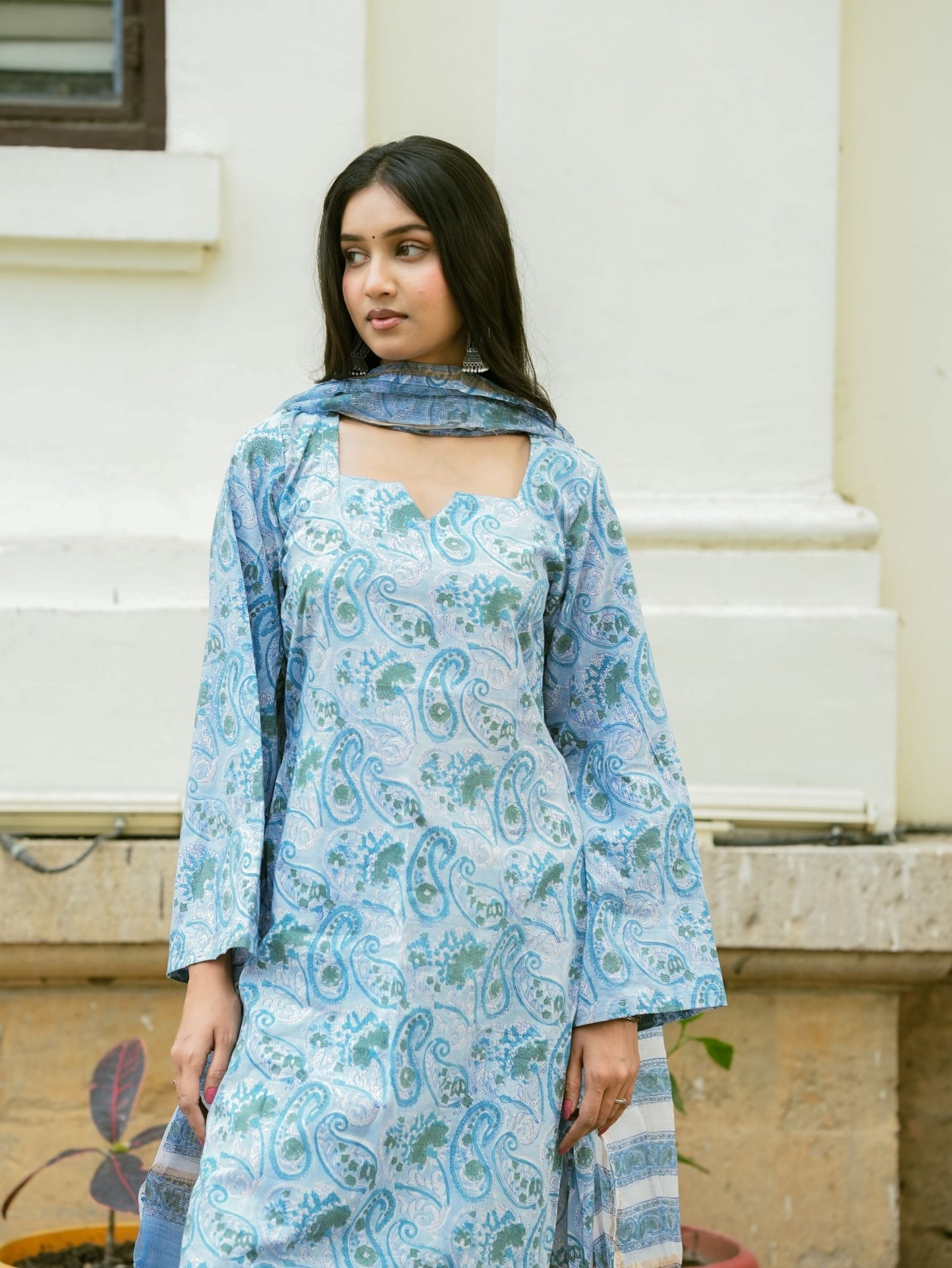 Zyra Blue Handblock Cotton Kurta Pant Set with Kota Doria Dupatta