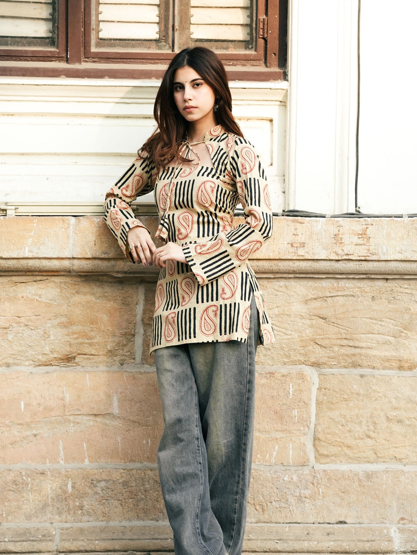 Kashti Beige Convertible Cotton Short Kurti Set