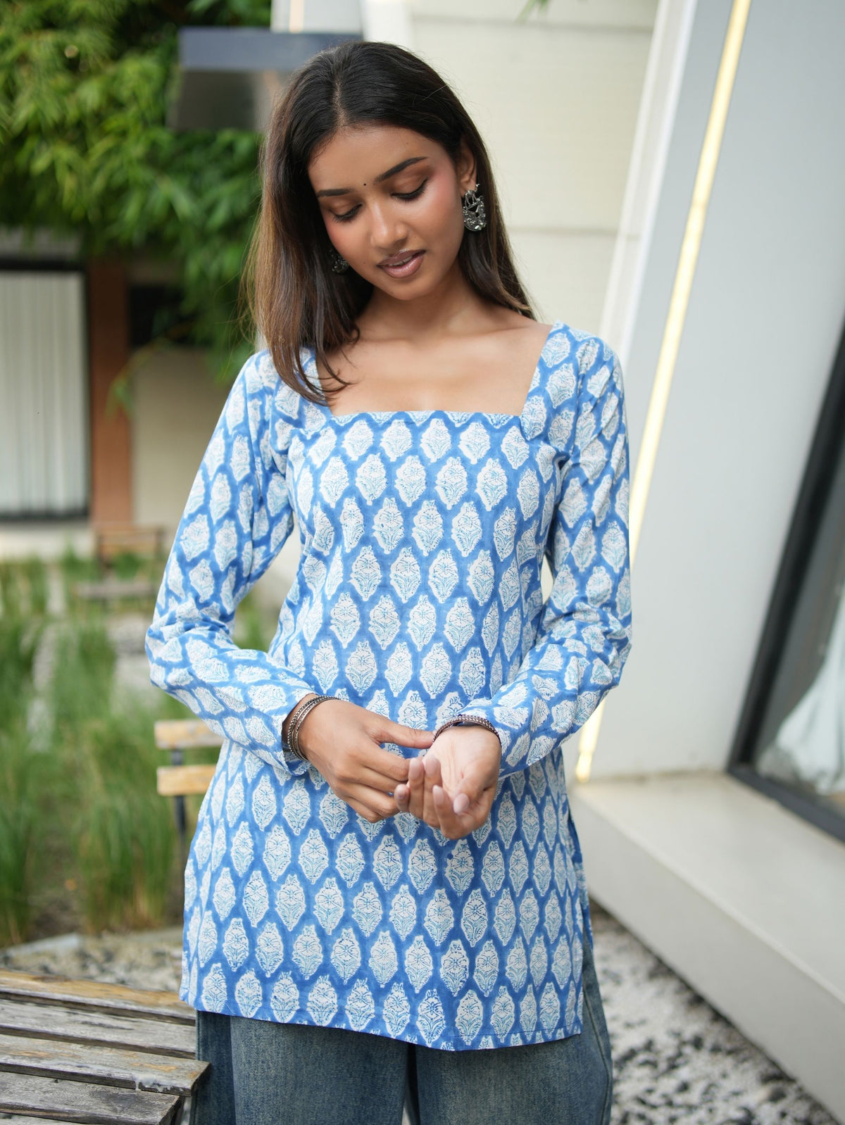 Phulki Blue Printed Short Kurti