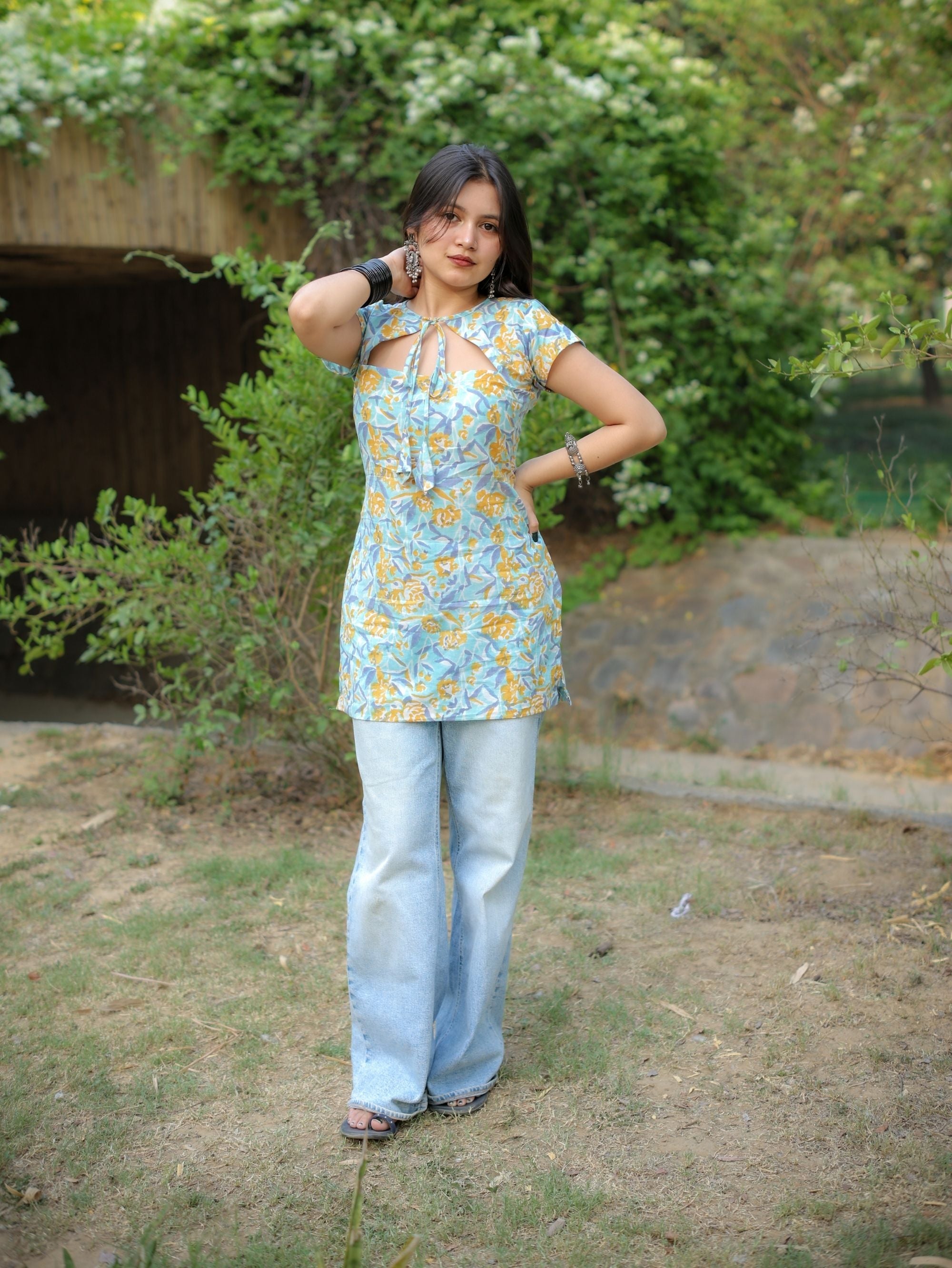 Cloud Flower Pastel Handblock Short Kurti for Women