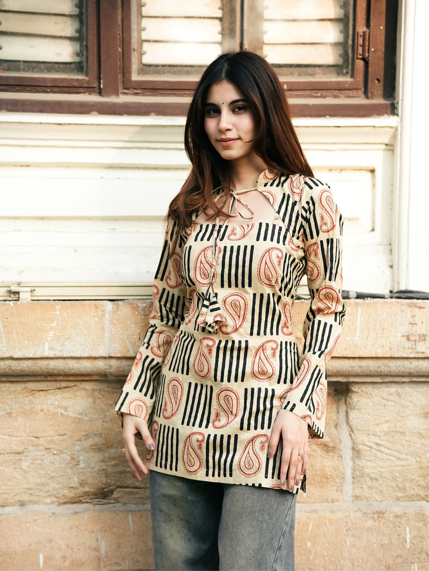 Kashti Beige Convertible Cotton Short Kurti Set