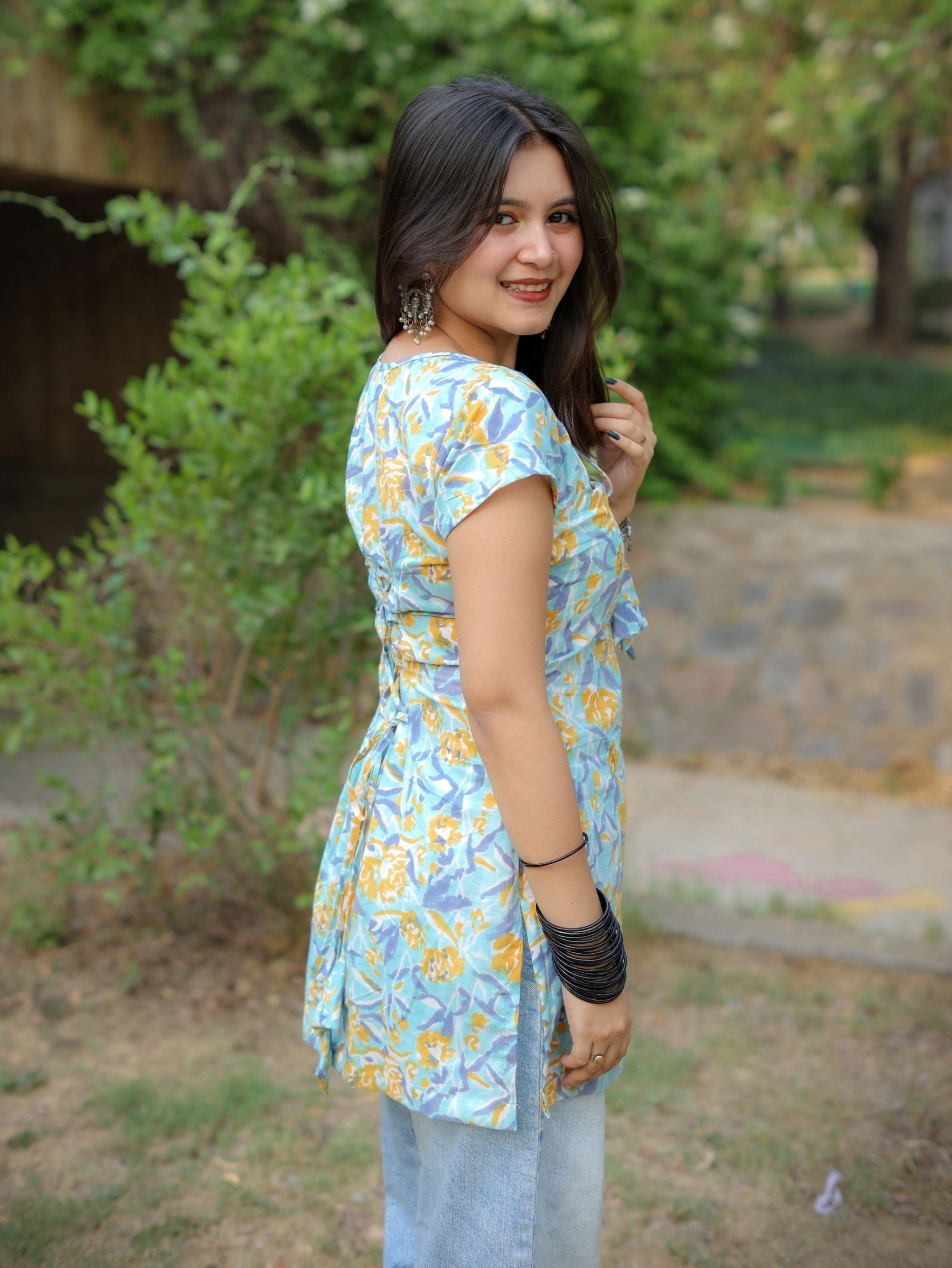 Cloud Flower Pastel Handblock Short Kurti for Women