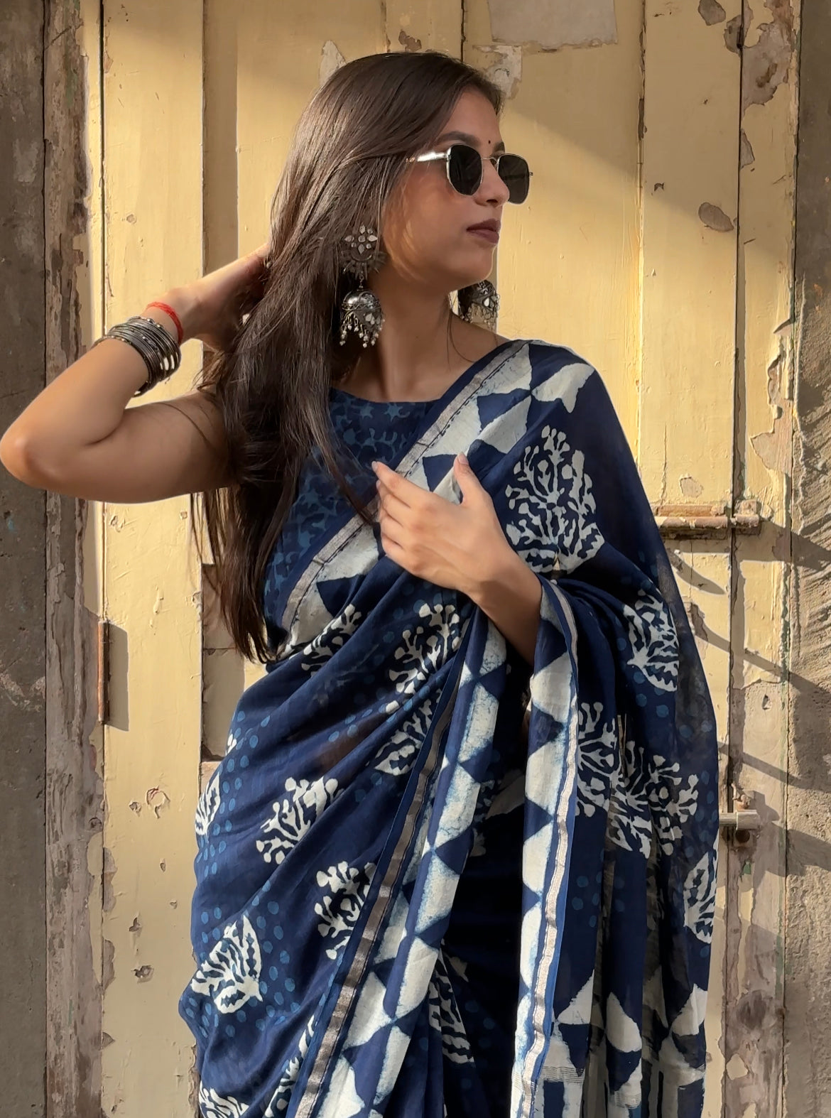 Indigo blue chanderi handblock saree