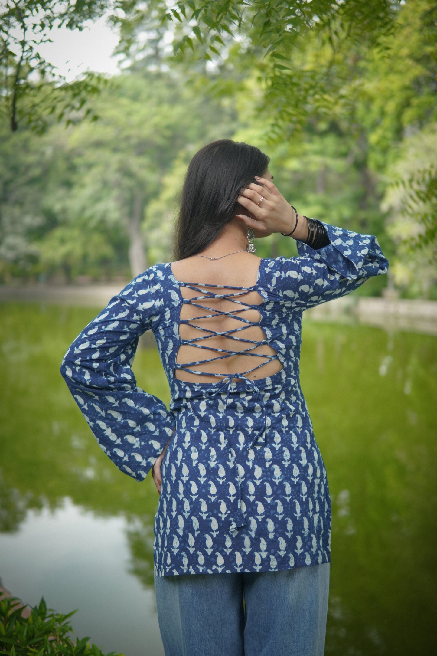 Tied back indigo bagru kurti