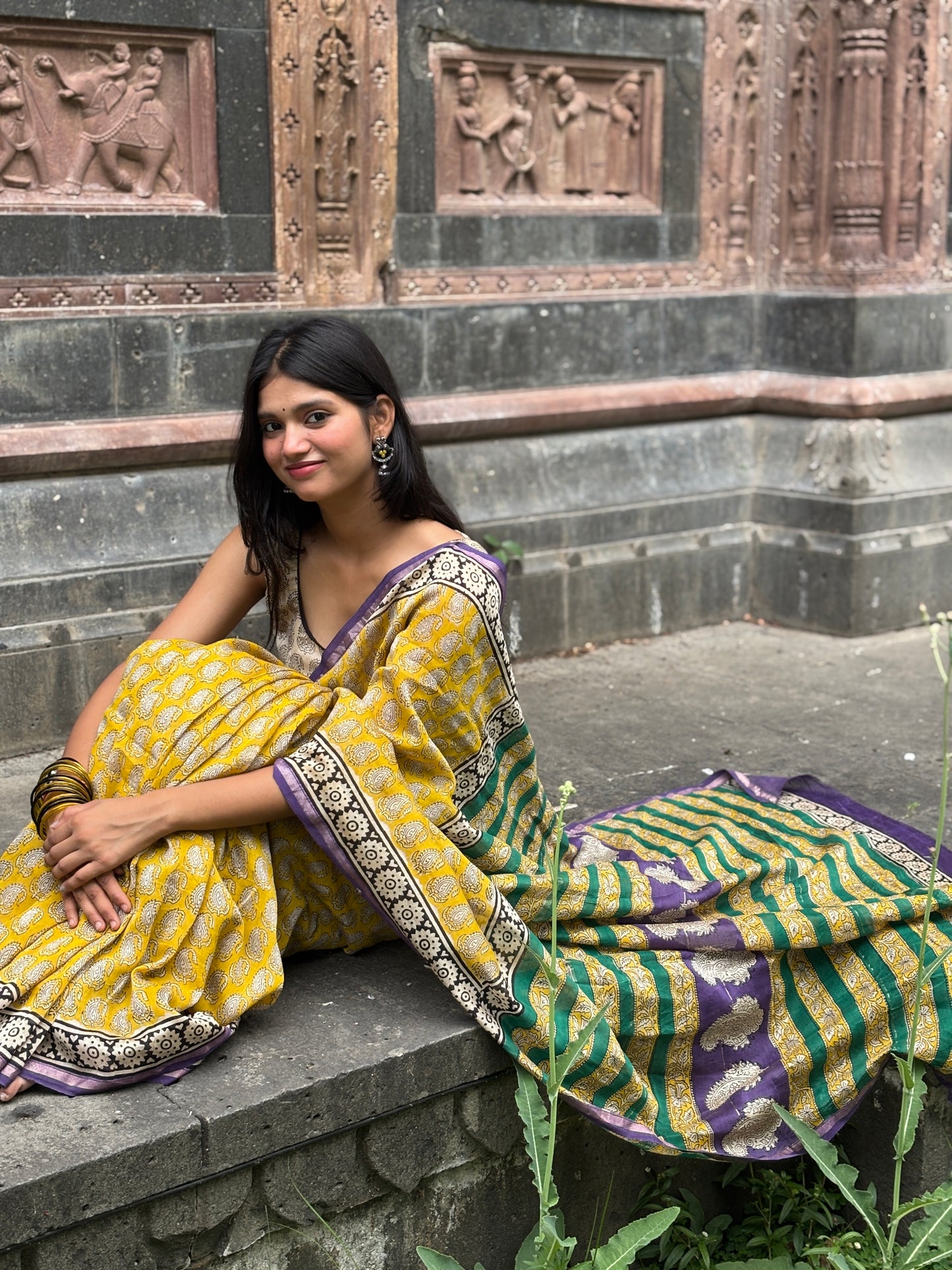 Yellow green chanderi handblock saree