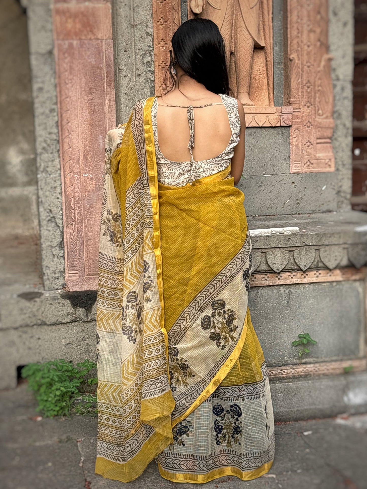 Yellow brown motif Kota doriya saree