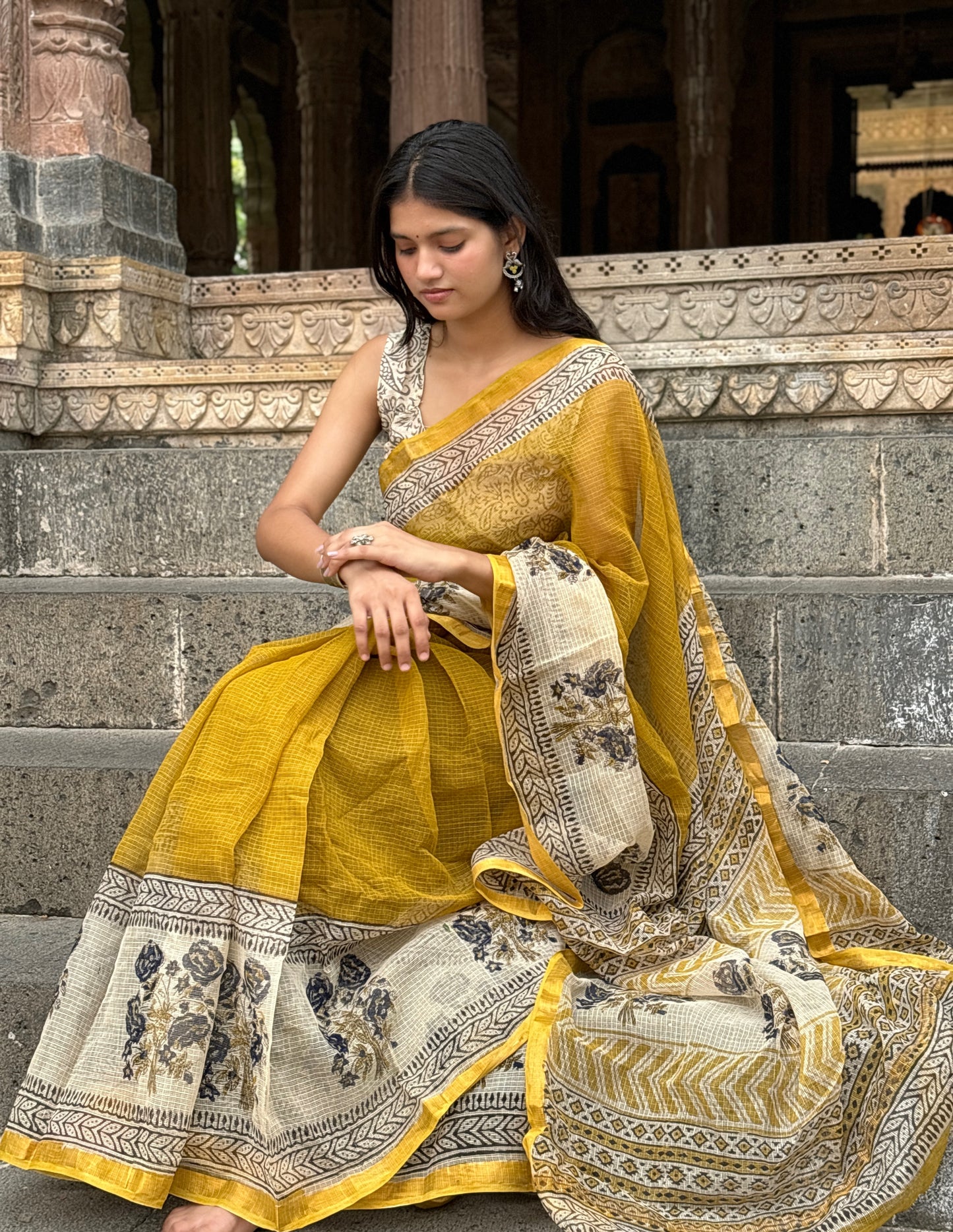 Yellow brown motif Kota doriya saree