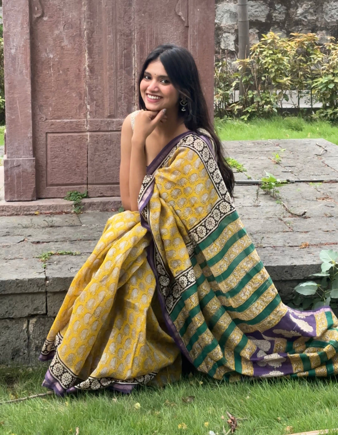 Yellow green chanderi handblock saree