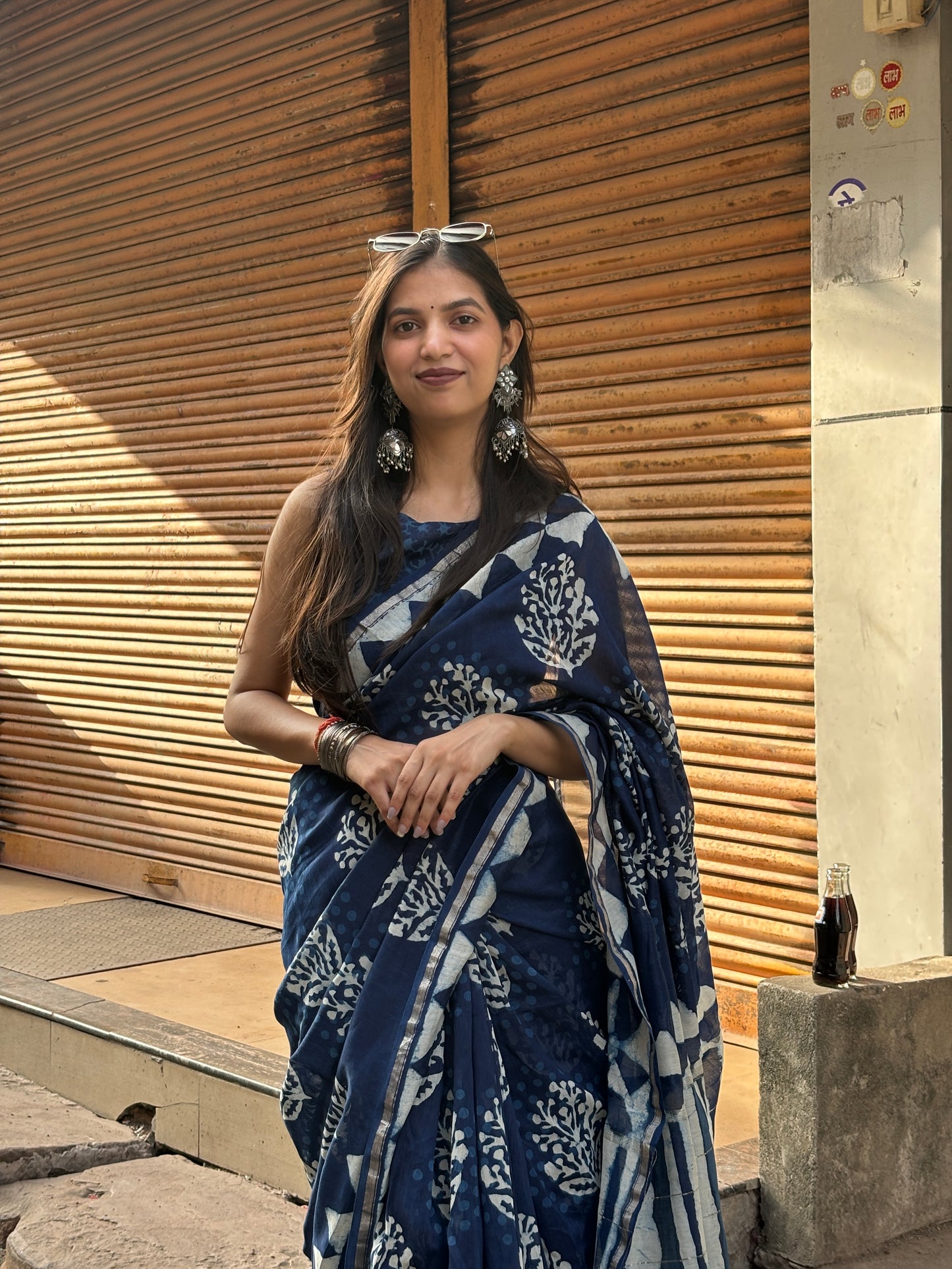 Indigo blue chanderi handblock saree