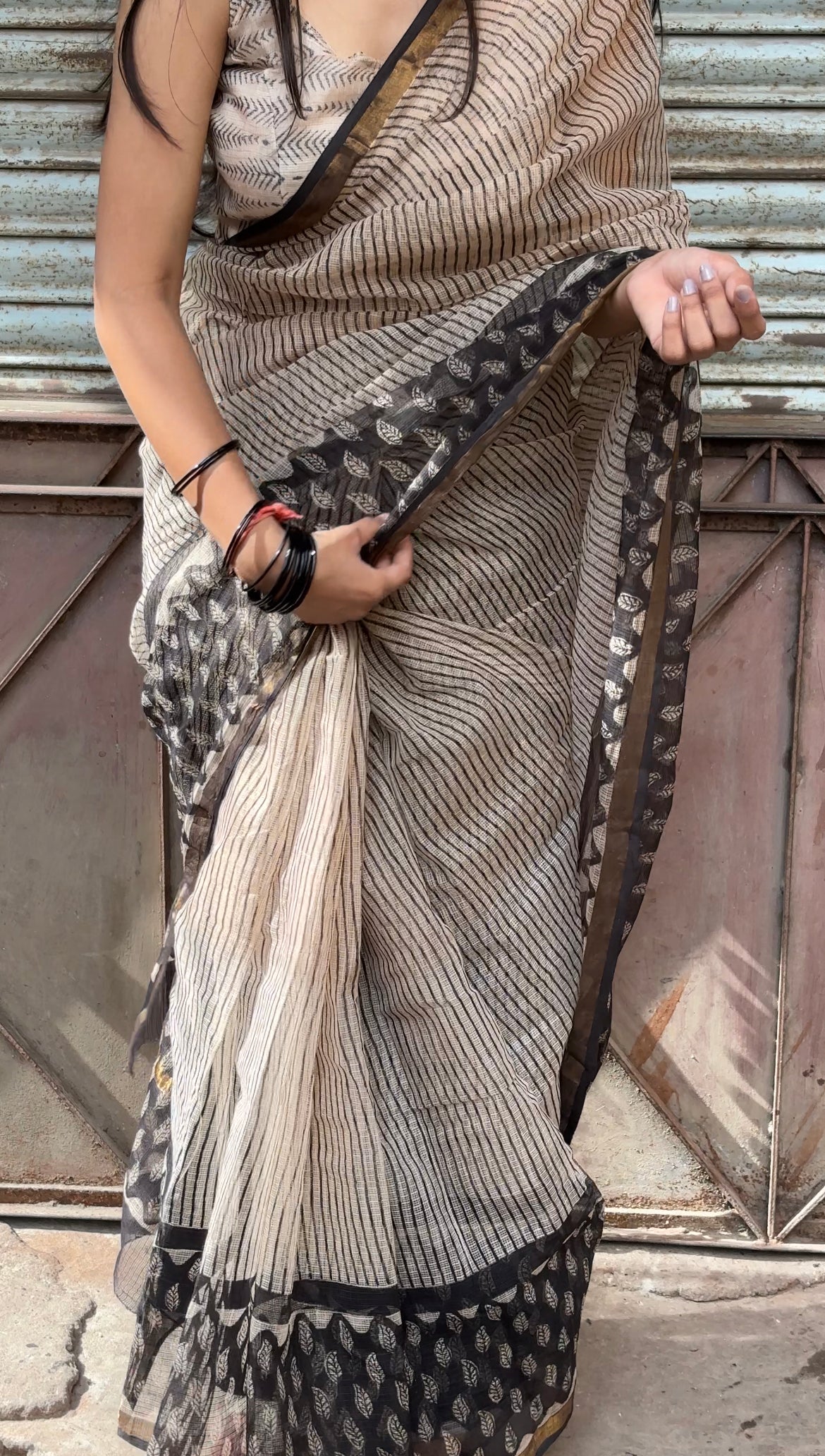 Beige and Black Kota Doriya Handblock Saree