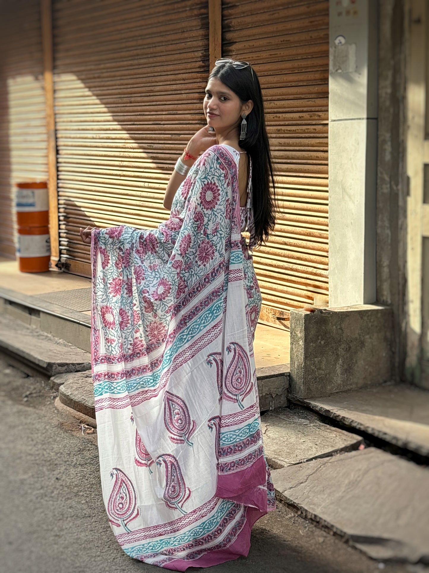 White cotton handblock printed  saree