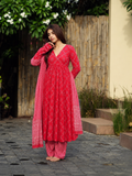 Red Bandhej Cotton Three Piece Anarkali Suit Set for Women