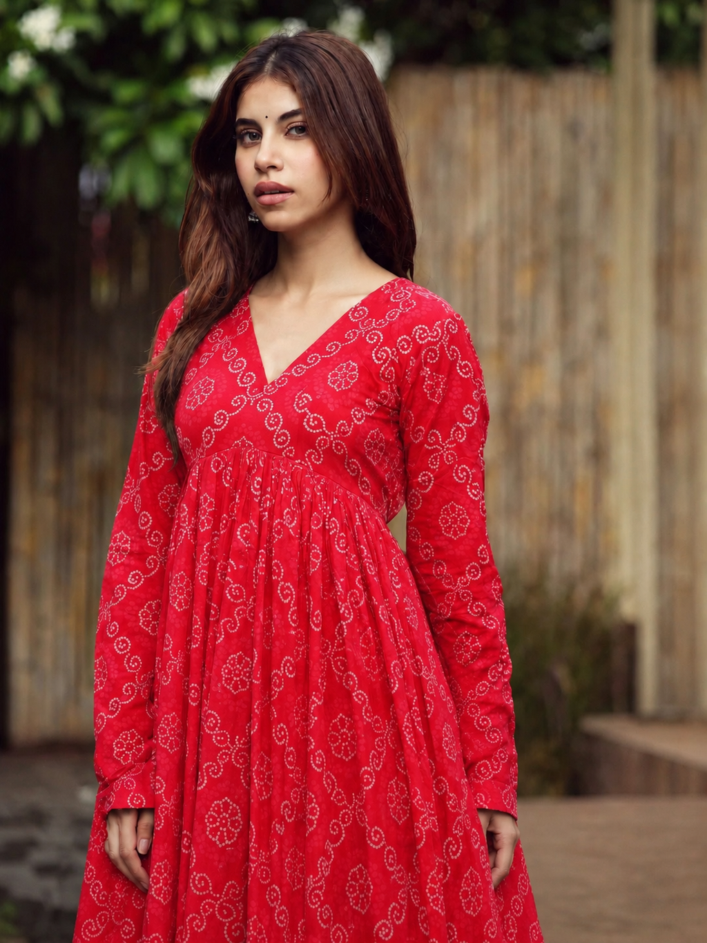 Red Bandhej Cotton Three Piece Anarkali Suit Set for Women