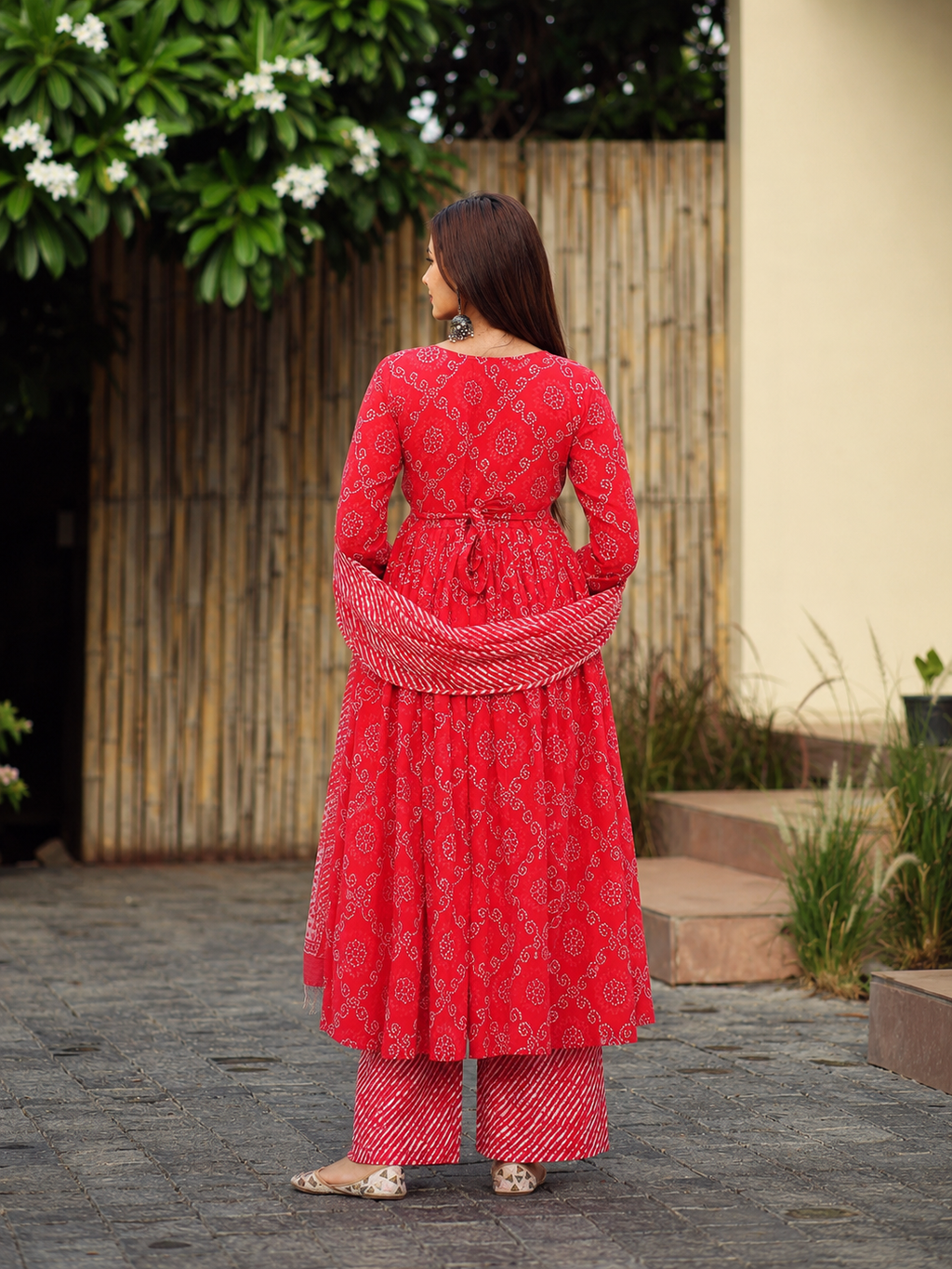 Red Bandhej Cotton Three Piece Anarkali Suit Set for Women