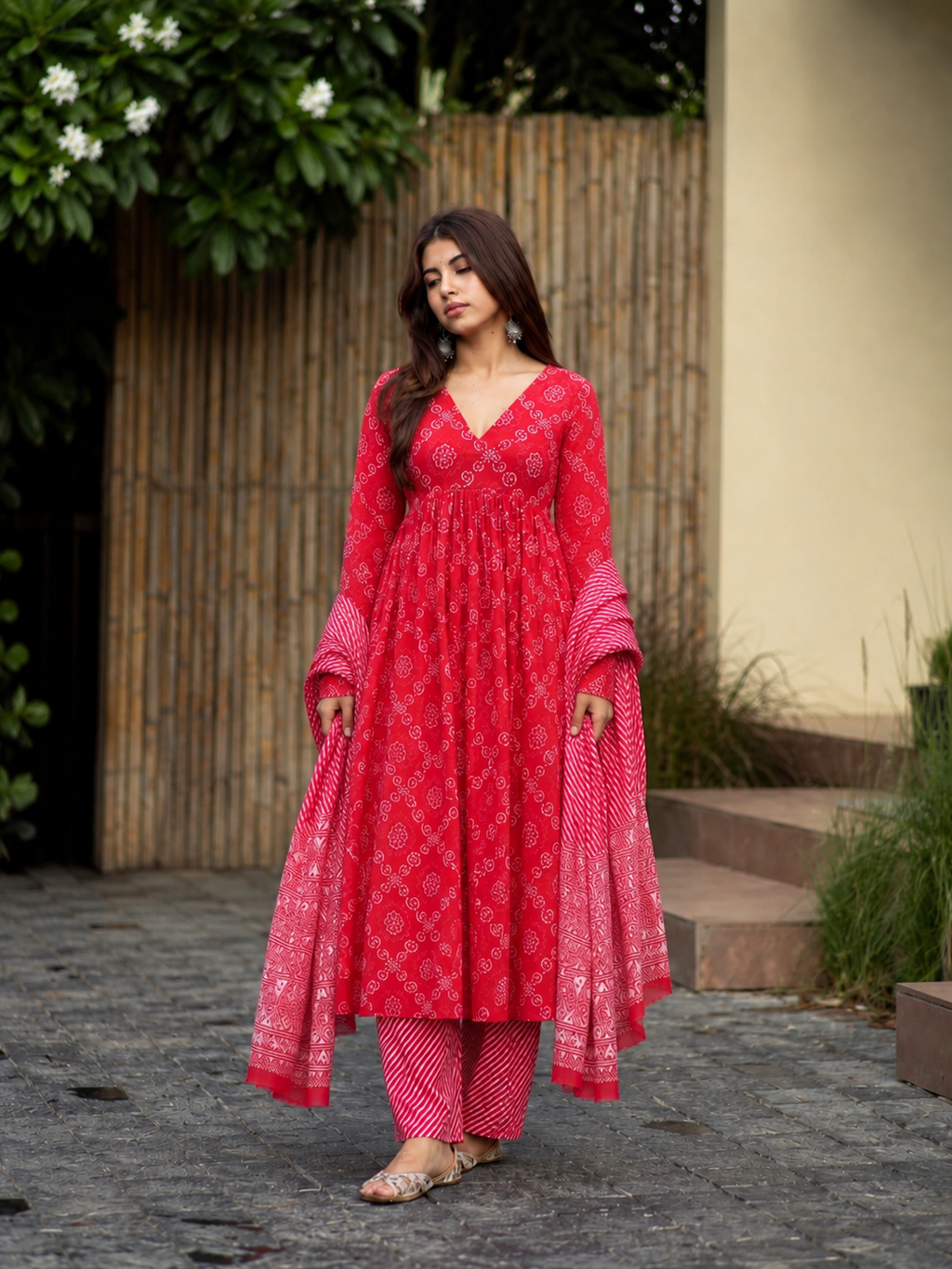 Red Bandhej Cotton Three Piece Anarkali Suit Set for Women