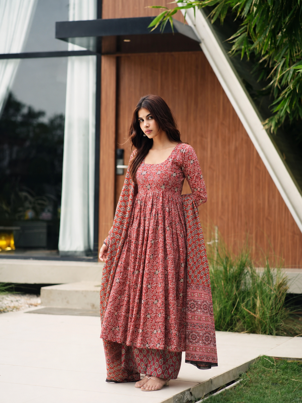 Madhubala Red Cotton Anarkali Suit Set