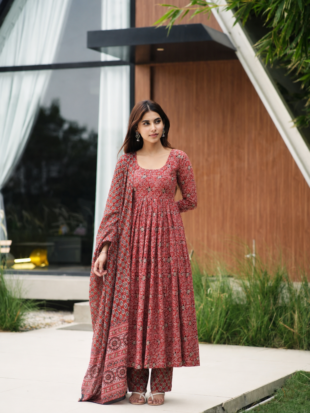 Madhubala Red Cotton Anarkali Suit Set