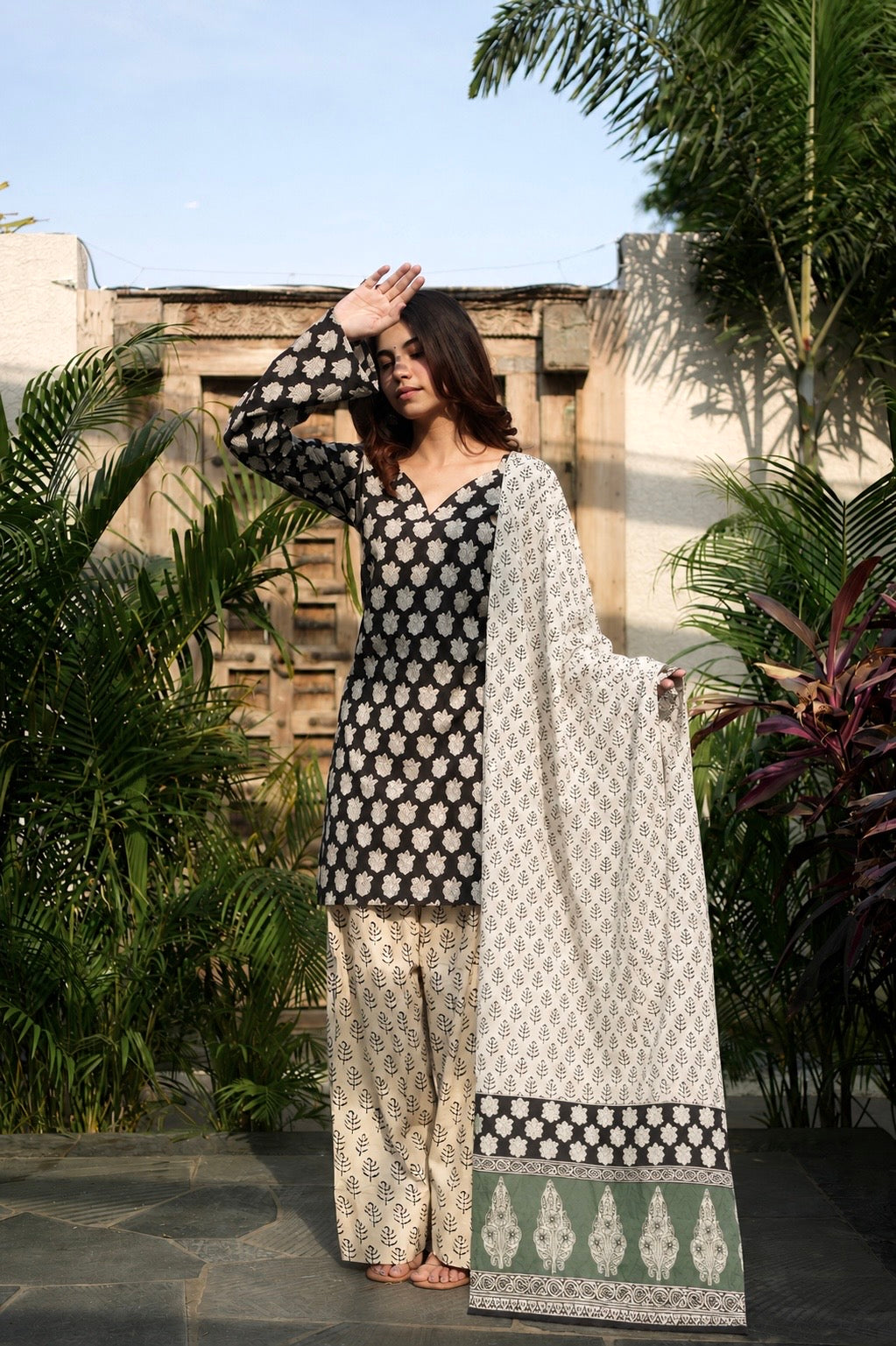 Jasmin Black Cotton Kurta Set with Farshi Salwar with Cotton Dupatta