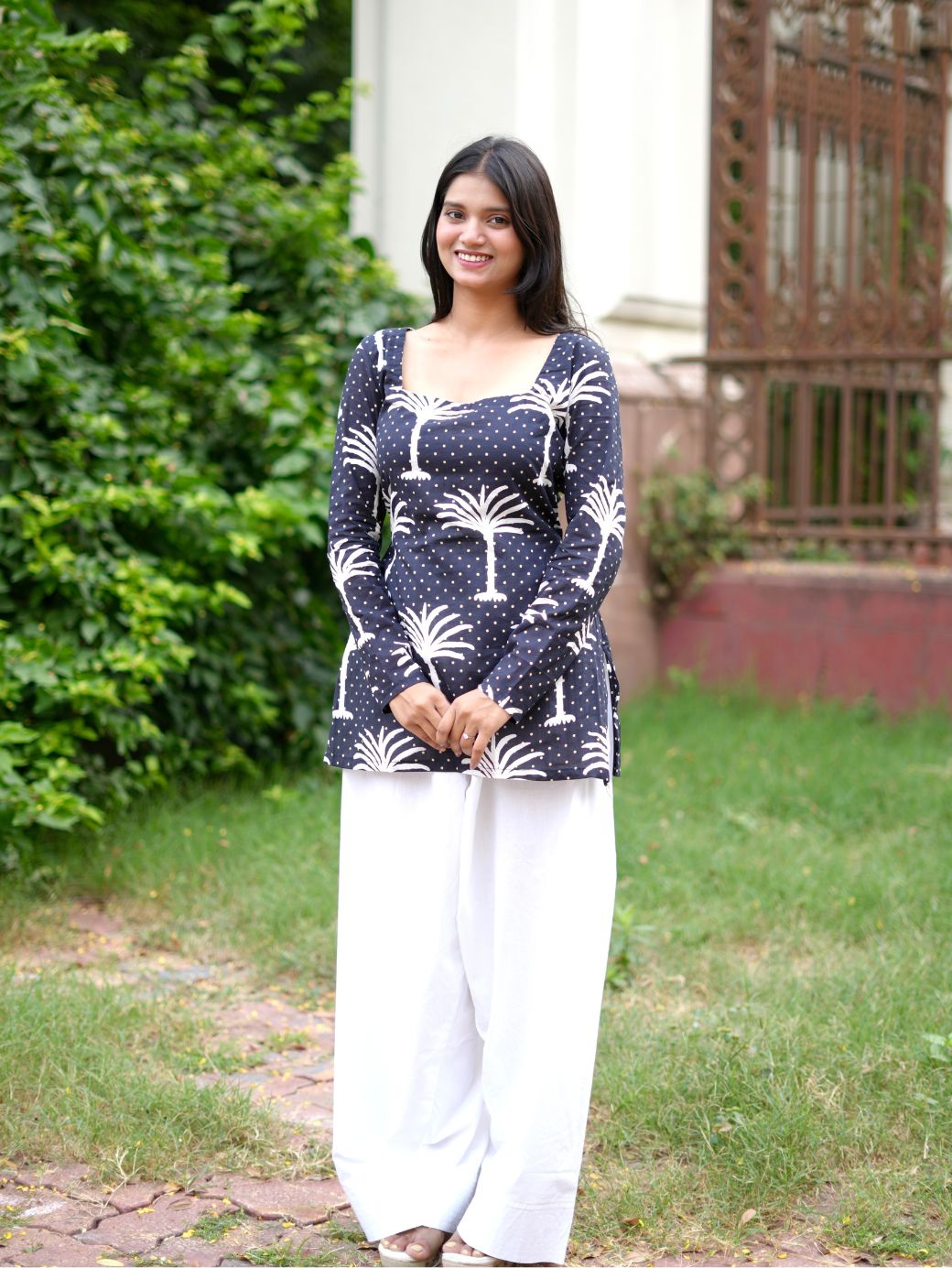 Palm Tree Print Cotton Kurti with Farshi Salwar