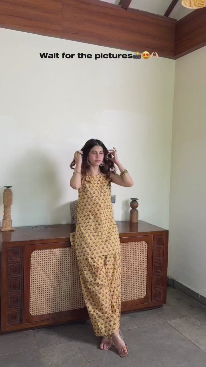 Honey Petal Yellow Cotton Kurta Set with Handblock Farshi Salwar