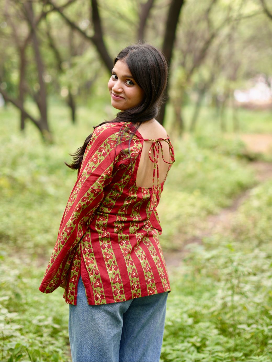 Red Blossom Striped Kurti